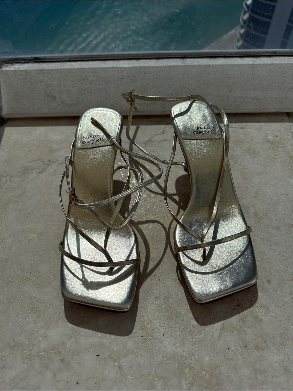 Jeffrey Campbell Gold Strappy Square-Toe Heels